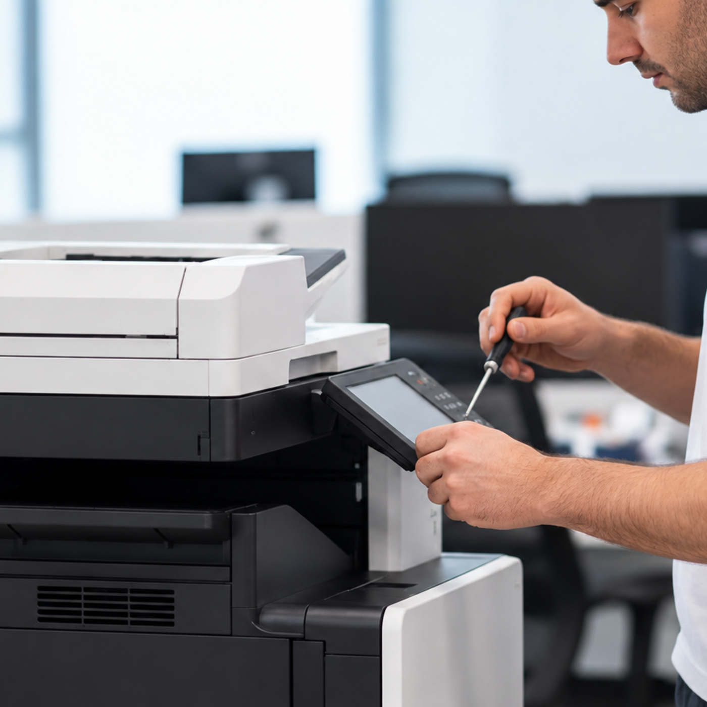 Técnico da RTech fazendo manutenção em uma multifuncional no cliente